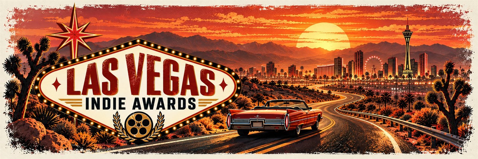 A red convertible drives a desert road toward the Las Vegas skyline at sunset, beneath the Las Vegas Indie Awards marquee sign